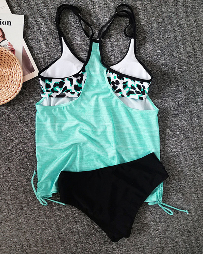 Lisbet  | Solid Colour Tankini with Leopard Print