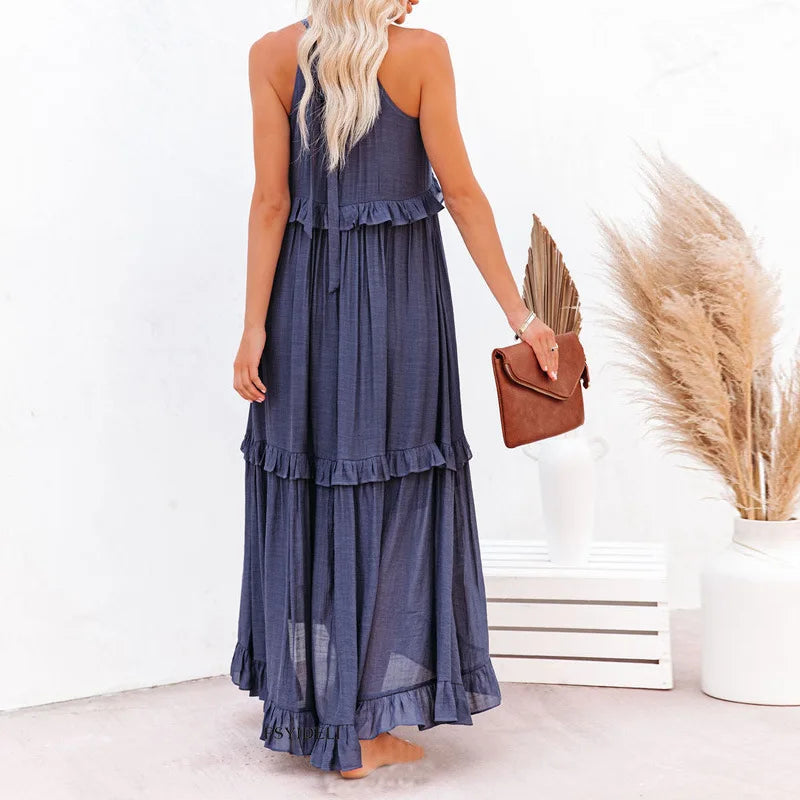 Quetzel | Graceful Halter Neck Ruffle Trim Dress