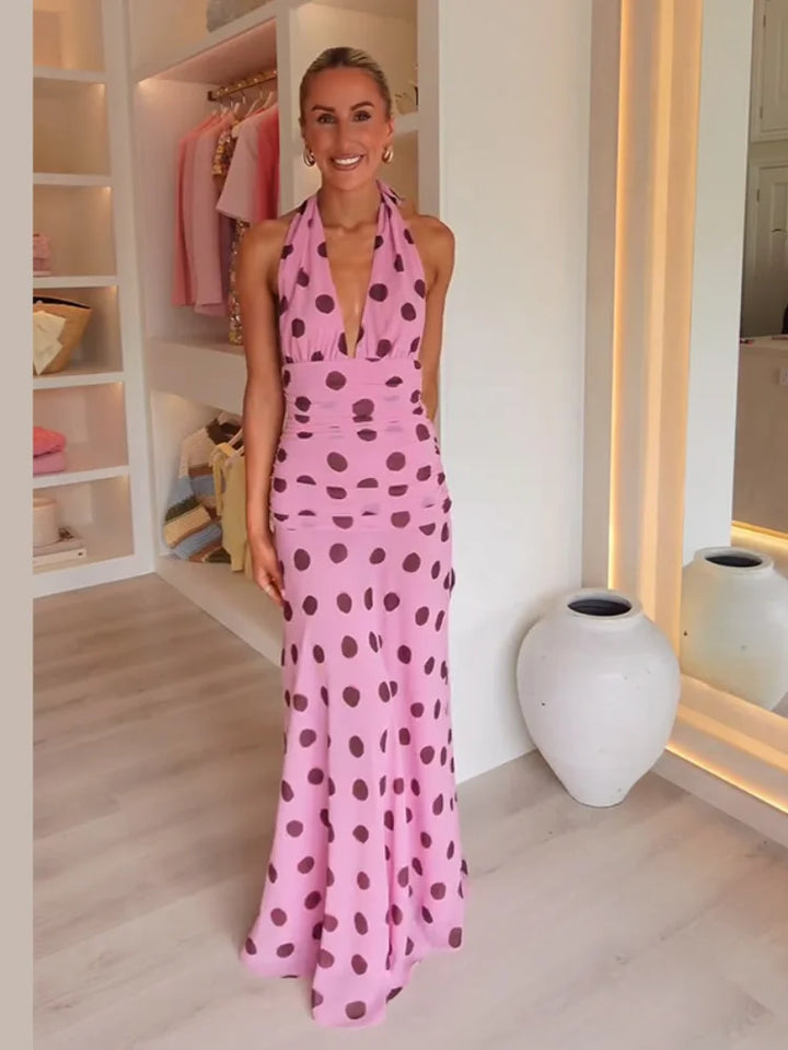 Kamil | Pink Halter Polka Dot Maxi Dress