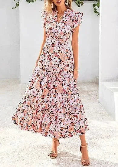 Keshia | Elegant Flowy V-Neck Long Dress