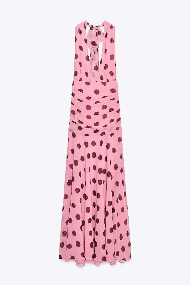 Kamil | Pink Halter Polka Dot Maxi Dress