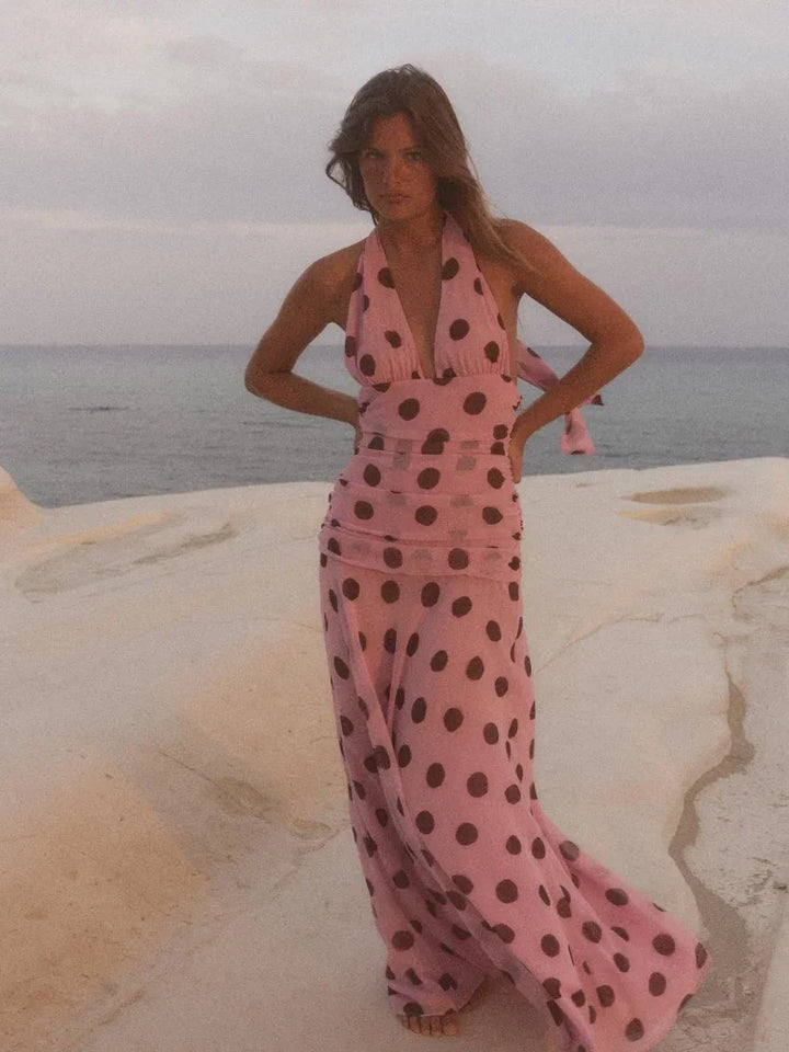 Kamil | Pink Halter Polka Dot Maxi Dress