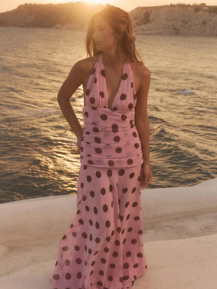 Kamil | Pink Halter Polka Dot Maxi Dress