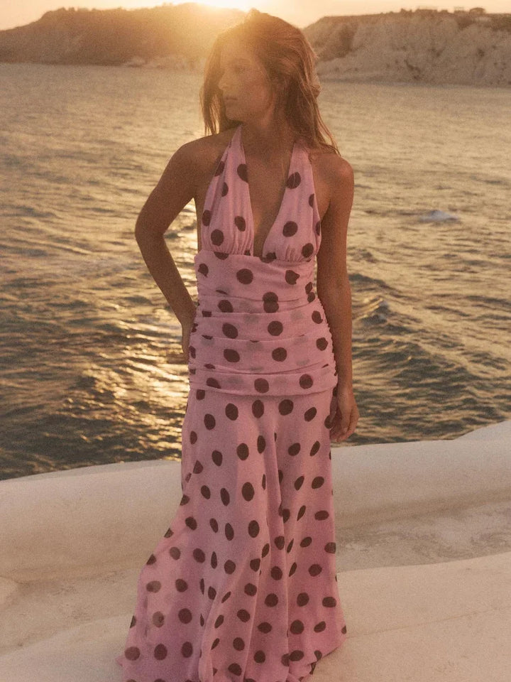 Kamil | Pink Halter Polka Dot Maxi Dress